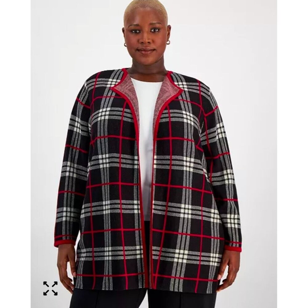 Kasper Womens Open Front Plaid Cardigan Black Multi  Polyester/Rayon Blend